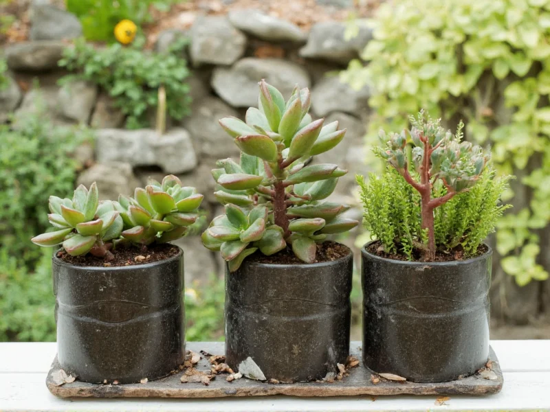 Plastic bottle planters with succulents in recycled containers