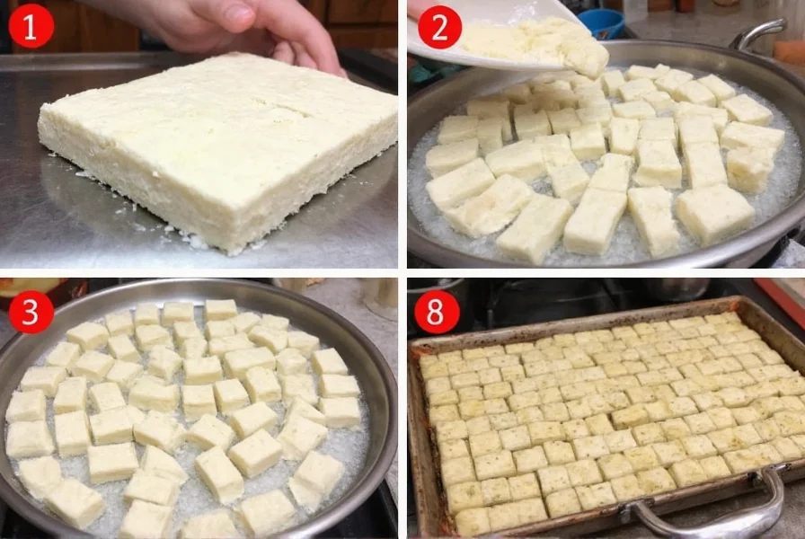 Step-by-step preparation of salt and pepper bean curd showing tofu pressing, coating, and frying process