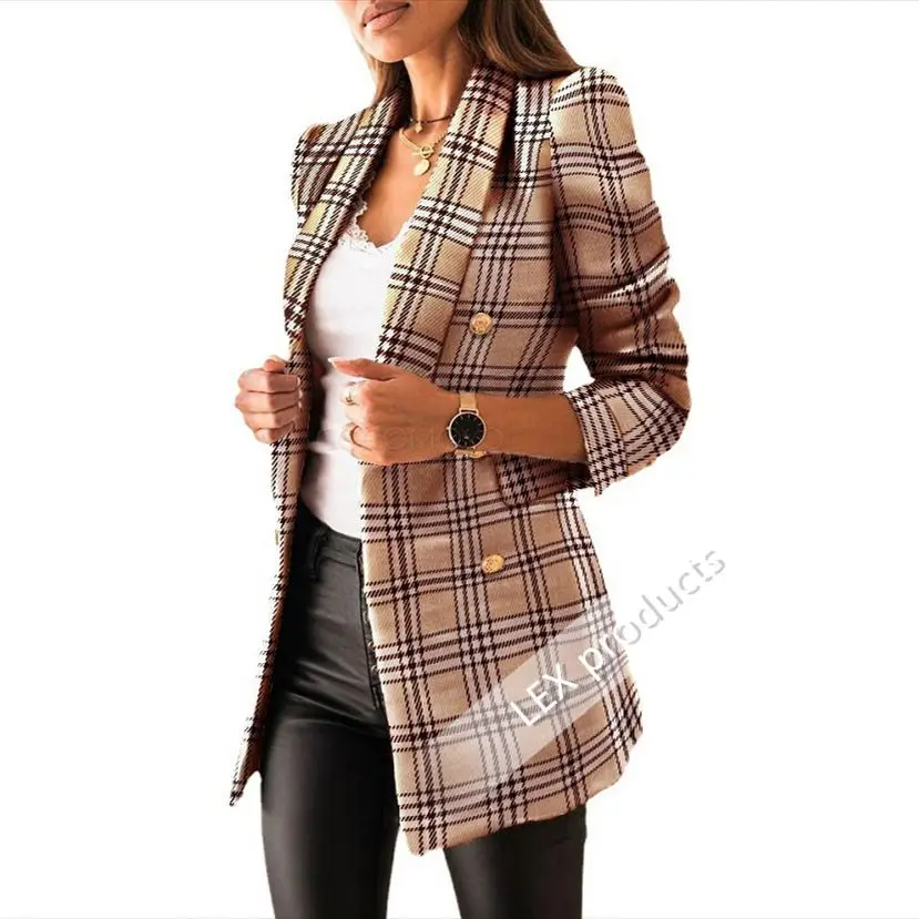 

2021 New Arrival Woman Autumn and winter clothing women's long sleeve double breasted suit collar plaid print women blazer