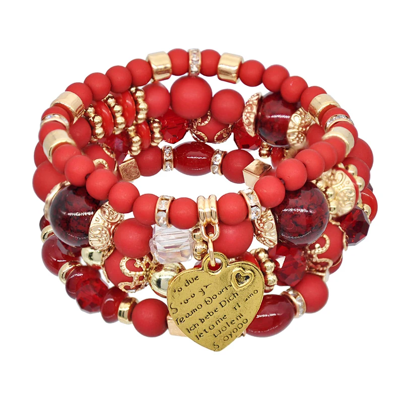 

Vintage Multilayer Colorful Resin Natural Stone Beads Anti Gold Heart Pendant Stretch Bohemia Bracelet Set Jewelry For Women, Color plated as shown