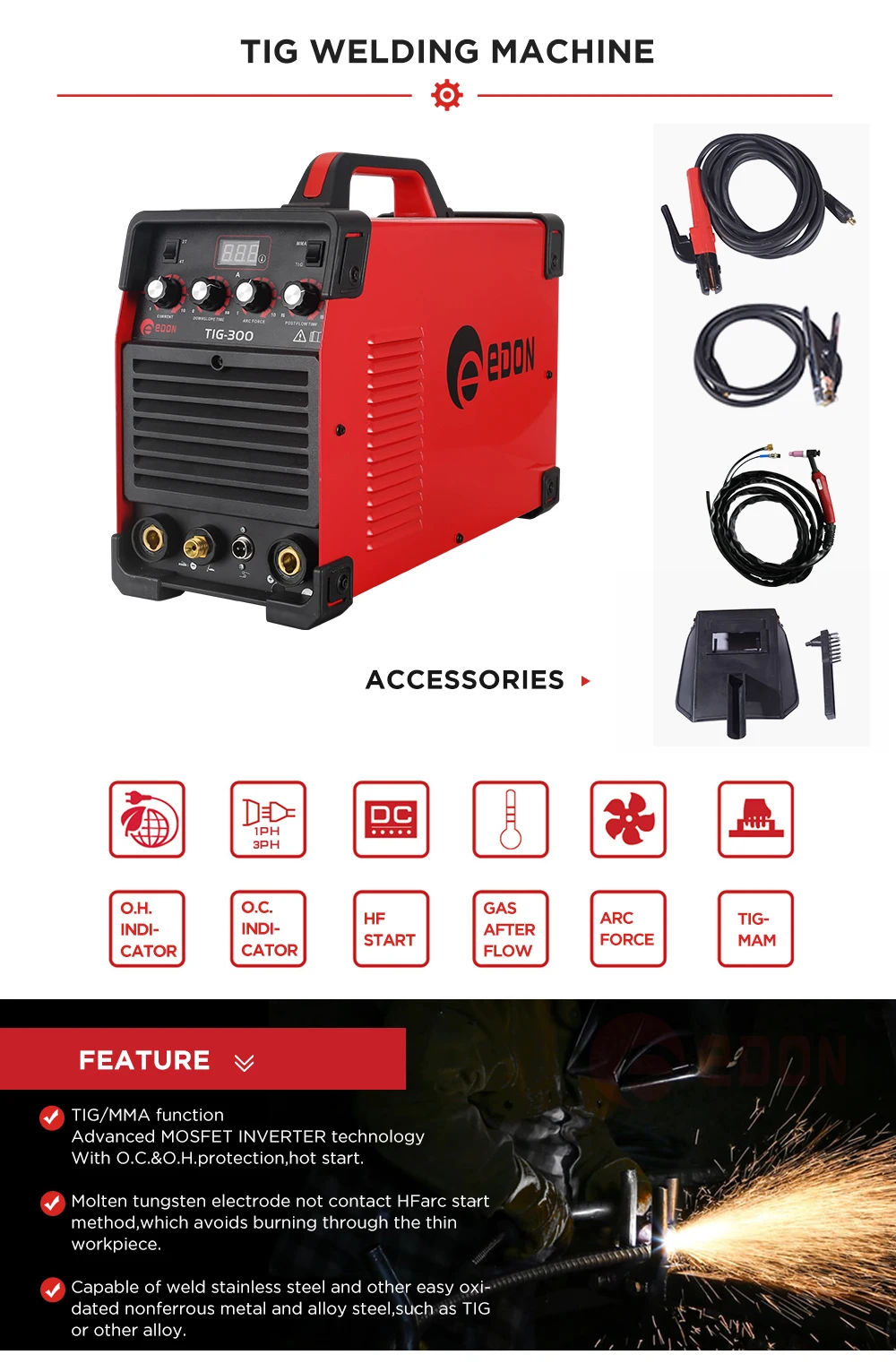 Edon Tig300 220v Arc Force Tig Mma Inverter Welder Welding Machine For