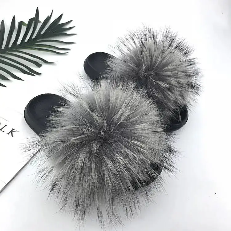 

Luxury slippers fur big fluffy fox fur slides real real fox fur slides slippers, Color matching or can be customized according to requirements