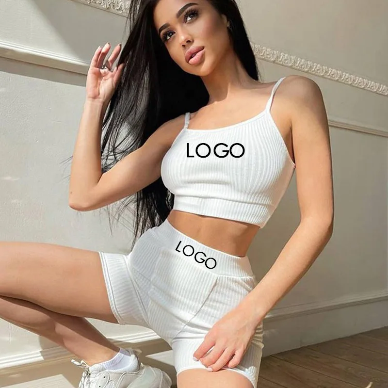 

women summer clothes 2021 two pieces suit solid color ladies tracksuitcrop top and shorts set ribbing two piece short set women