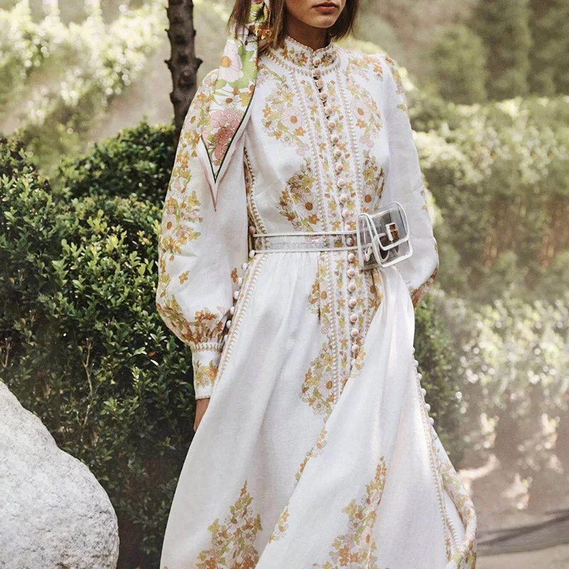 2019 autumn new European and American fashion stand collar long sleeve bellflower print lantern sleeves vintage party long dress