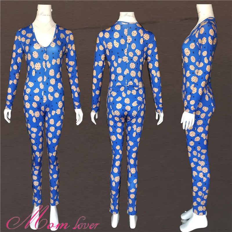 ML Customized Long Onesie Women butt flap pajamas blue cookies Long Sleeve romper Onesie with butt flap