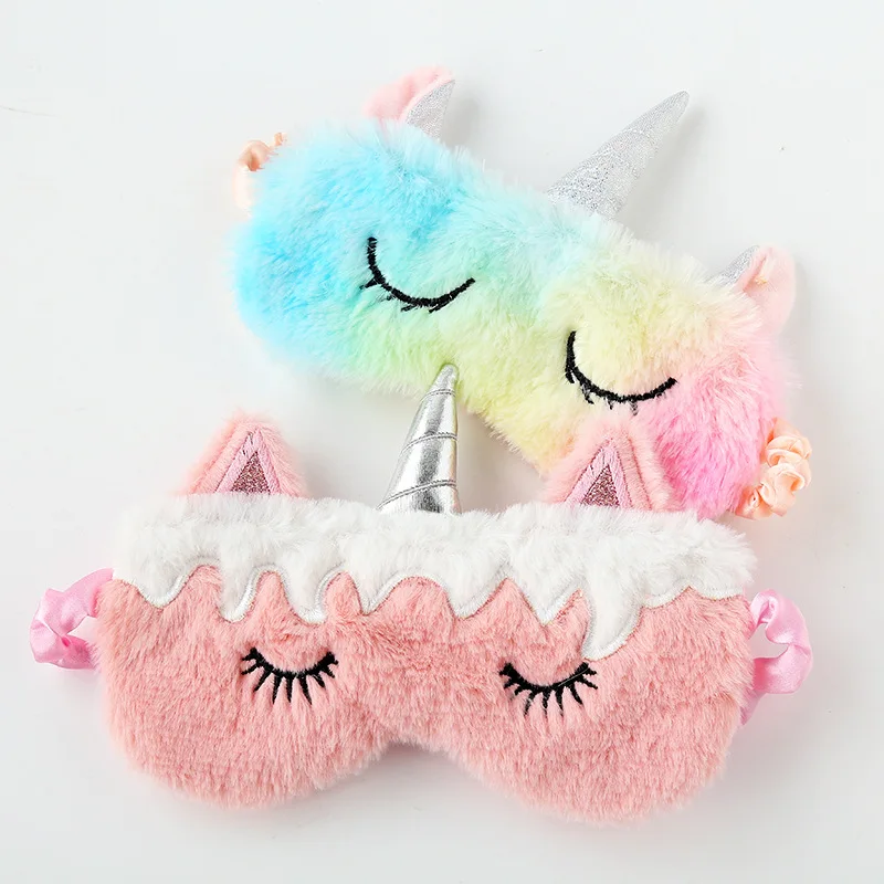 

Novelty Soft Plush Furry Rainbow Blindfold Kids students girls Cute pink Unicorn Sleep Eye Mask With Horn