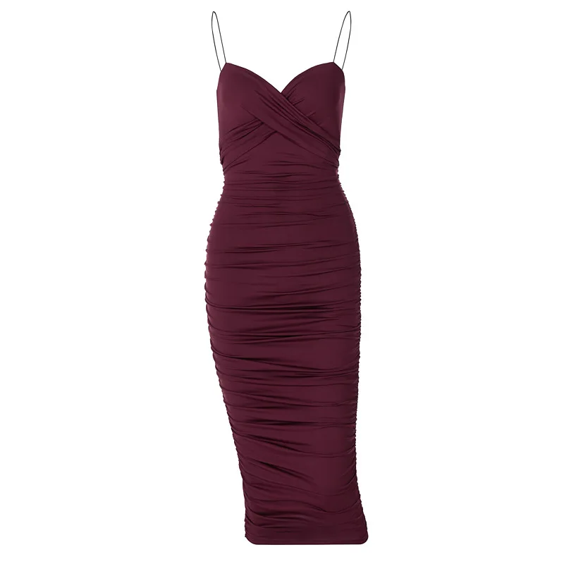 

2021 New Summer European and American Style Women's Sexy V-neck Waist Strap Dress Temperament Skirt, Red wine