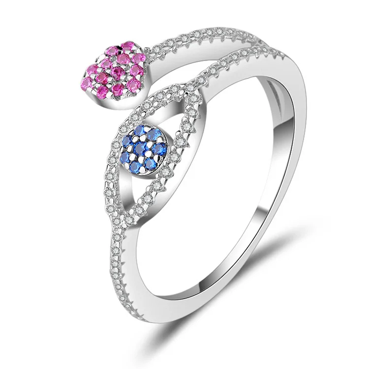 

Women Vermail Gift White Gold Plated Blue Crystal Turkish Pink Heart 925 Sterling Silver Evil Eye Ring