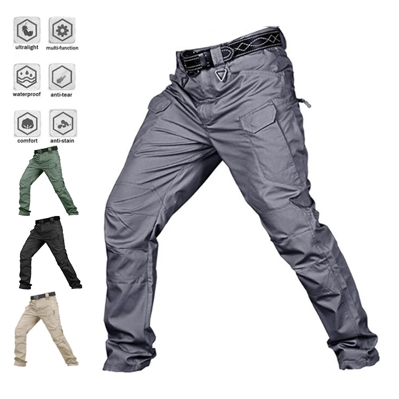 

Waterproof Casual Multi Pocket Outdoor Casual Jogger Tactical Cargo Trousers Plus Size Mens Pants, Khaki black army green gray