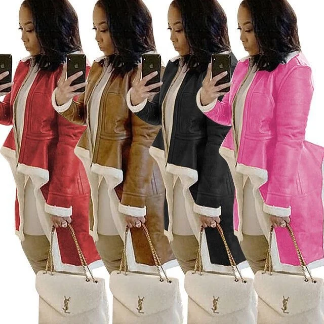 

Collar Irregular Hem Winter Coat Casual Dresses MT38-5127 2020 Lamb Fur Patchwork Long Lamb Coat and Fur and Leather Thick
