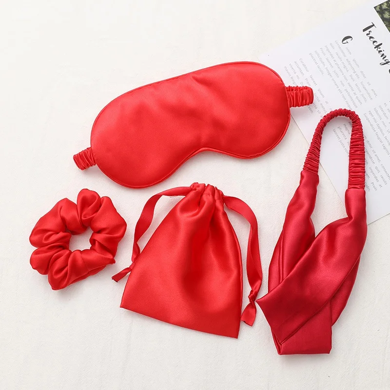 

Four-piece Set Silk Headband Sets Artificial Silk Eye Mask With Silk Bag, As picture showed or customized