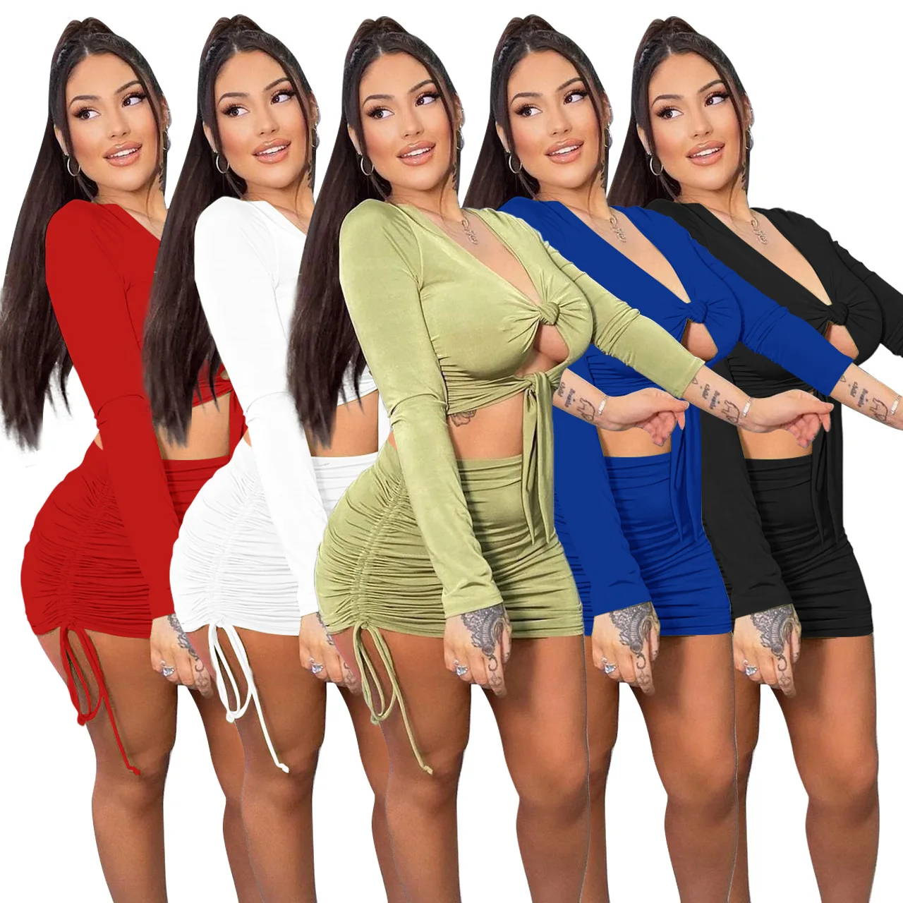 

Autumn Long Sleeve Pleated Lace Up Hip Wrap Sexy Short Skirt Two-Piece Set