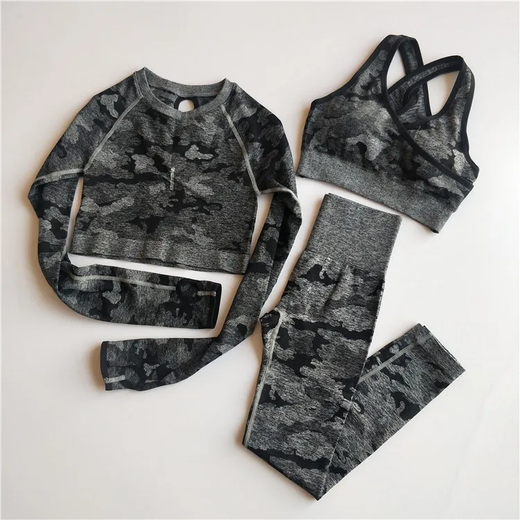 

Camo Seamless Yoga Set Sports Wear Women Gym Clothing Fitness Long Sleeve Crop Top+Booty Yoga Leggings+Sport Bra 3PCS Sport Suit