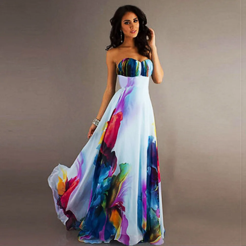 

High Quality Wholesale Sexy Women Strapless Pleat Floral Print Long Party Evening Dress