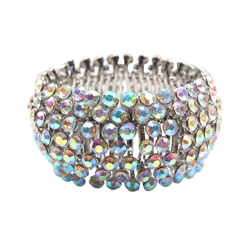 

2020 New Big Bridal Wedding Vintage Jewelry Rhodium Plated Elastic Stretch Full Rhinestone Multi Color Bangle Cuff Bracelet Gift, Red. blue, green. white. white ab