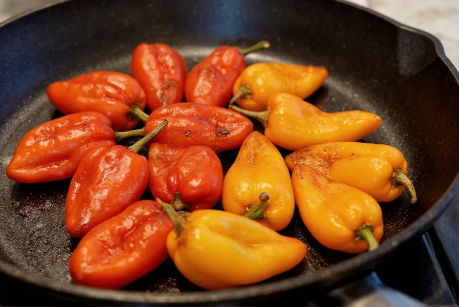 Chef toasting cascabel peppers in cast iron skillet showing proper technique and color change