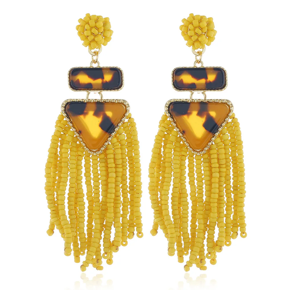 

New York Green Beaded Tassel Drop Leopard Print Triangle Dangle Earrings, Multi color