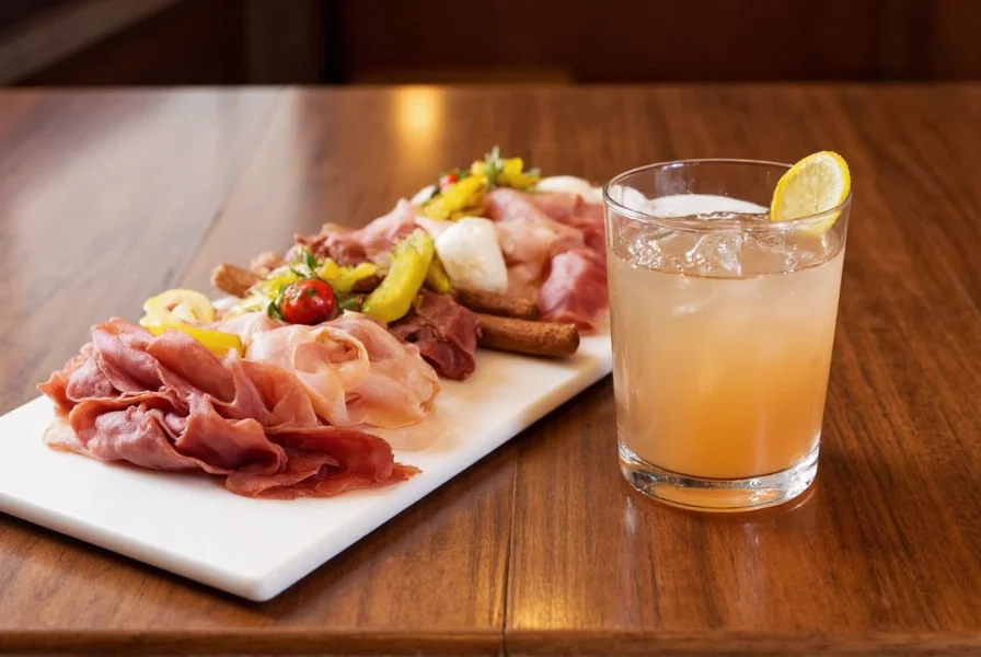 Whiskey buck cocktail paired with charcuterie board featuring cured meats and pickled vegetables