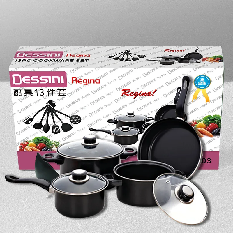 

New Design Cookware Hotel Kitchen Non Stick Cooking Pot 13pcs Set Metal Steel Box Wrap Glass Stainless Bulk Packing, Black