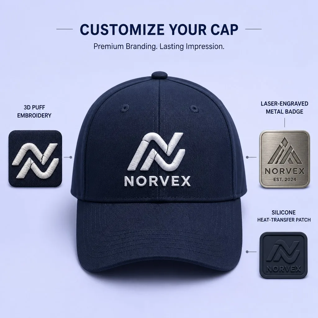 Customize Your Cap Showing 3D Puff Embroidery, Laser-Engraved Metal Badge, and Silicone Heat-Transfer Patch