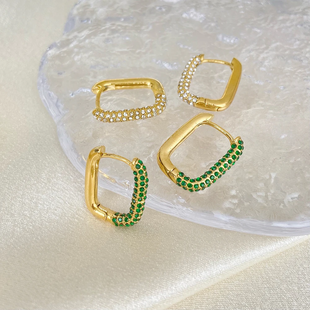 

Fashion Classic Micro Set Green White Zircon Geometric Square Earrings 18k Gold Plated Stainless Steel Jewelry 2023