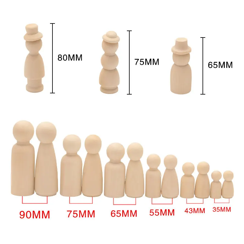 100pc 35mm-65mm Wooden Doll DIY Handmade Wood Peg Dolls Wooden