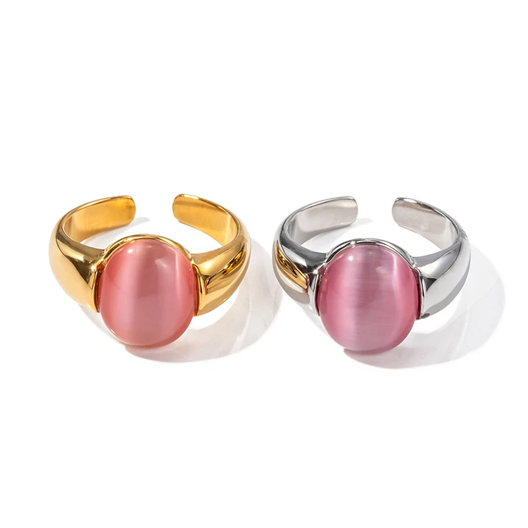 

Y072 Waterproof Jewelry Oval Shaped Pink Opal Cat Eye Wide Open Ring Women Dainty Stainless Steel PVD 18k Gold Plated Rings