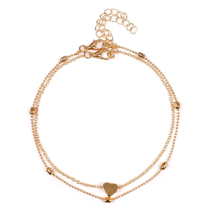 

European And American Summer Beach Style Round Bead Chain Peach Heart Ankle Bracelet, Color