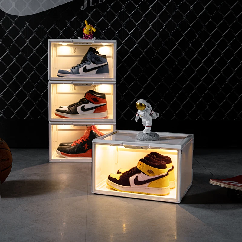 

Clear Customized Shoe Box With Custom Logo Sneaker Side Open Voice Control Pull Out shoe box with led light