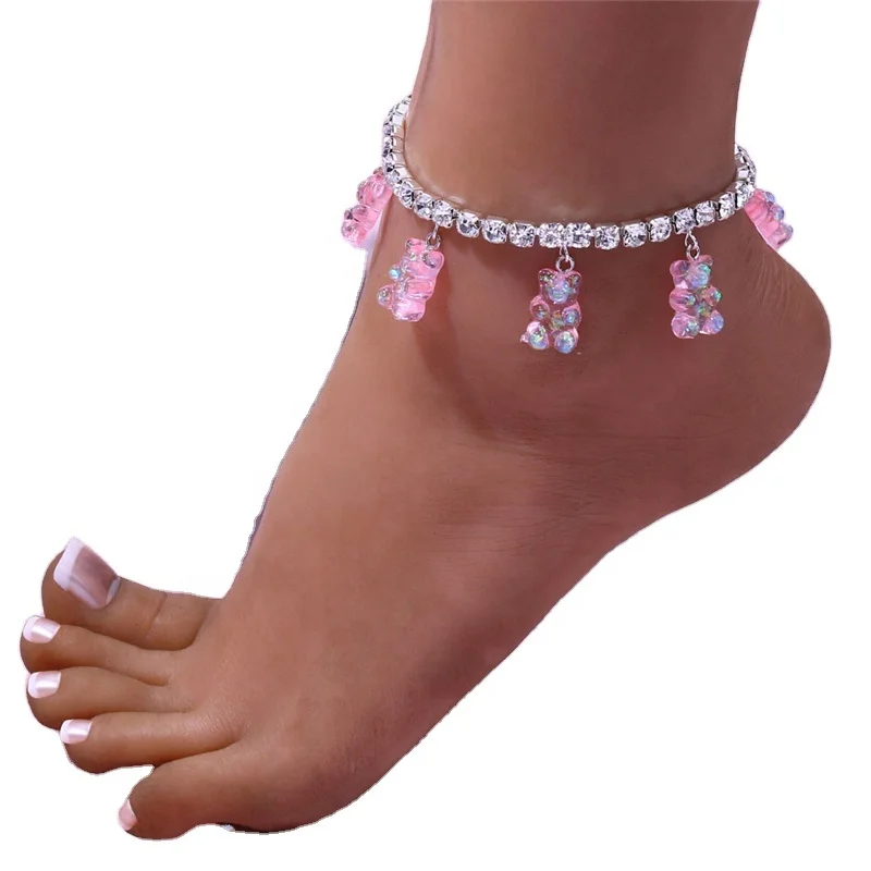 

2021 New Arrival Bling Crystal Resin AB Color Bear Pendant Bracelet Anklet Women Beach Jewelry