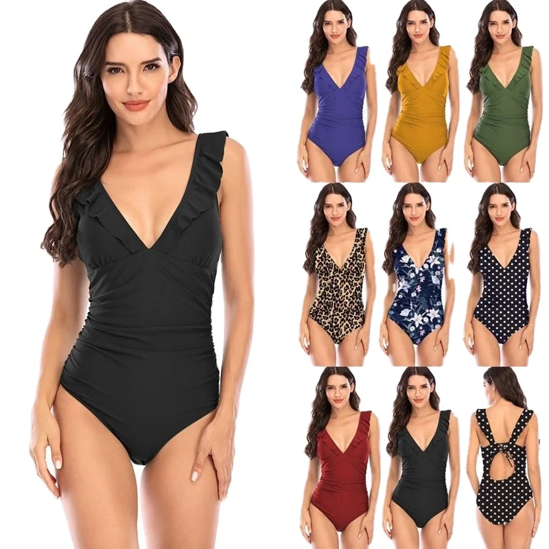 

Women's V Neck One Piece Swimsuit Soild leopard floral Ruffled Lace Up Monokini