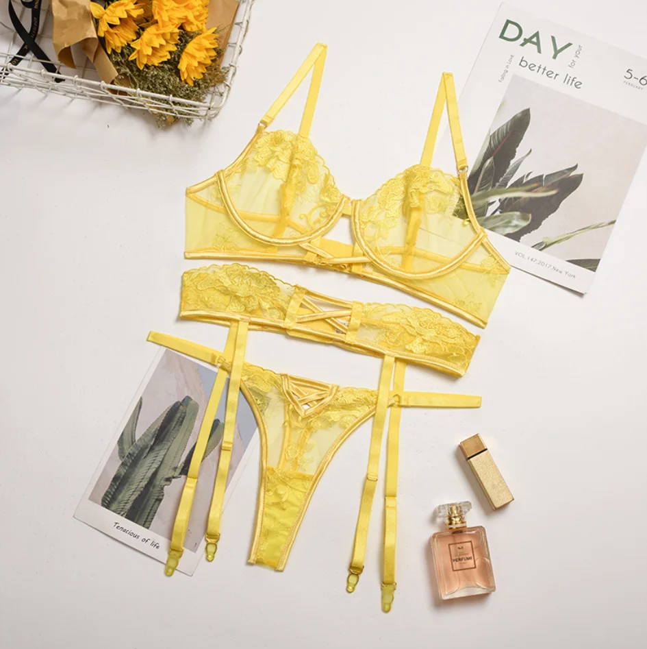

3 Pcs Lace Bra Set Women Embrodiery Lace Lingerie Set Floral Bra Panties Ladies Yellow Sexy Underwear Set #0472