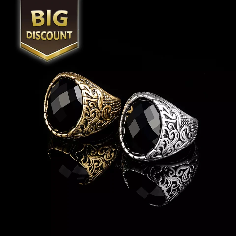 

Antique Anillos Finish Ring Gothic Vintage Chunky Totem Carving Big Black Oval Cut Resin Stone Rings for Men