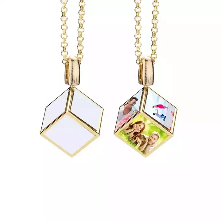 SC New Arrival 6 sides 3D Cube Photo Frame Necklace Sublimation Blank Dice Cube Memory Photo Pendant Necklace