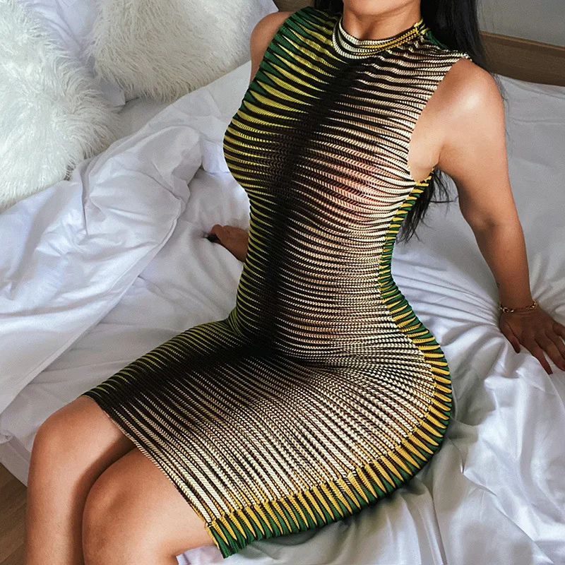 

mesh sleeveless summer dress sexy bodycon one step ladies dress, Khaki green red