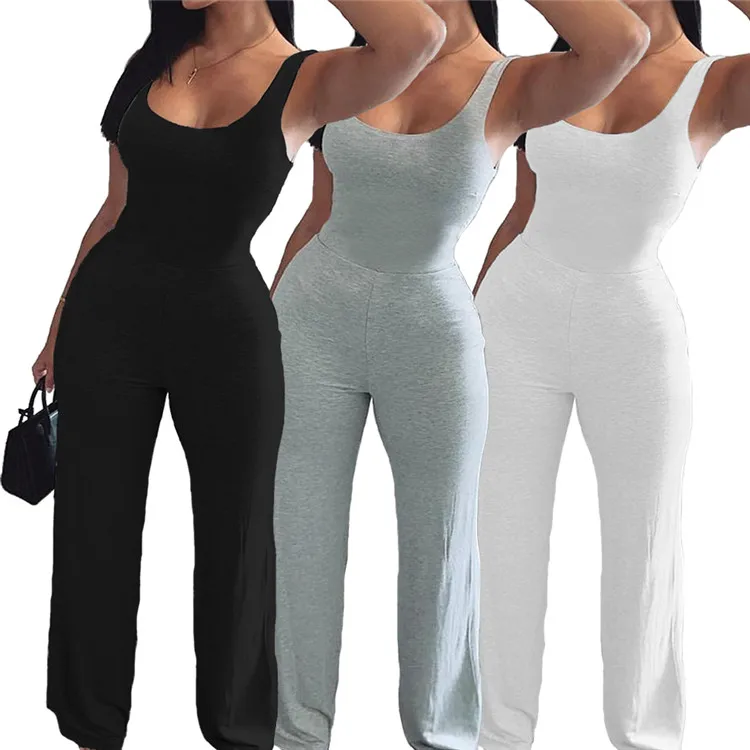 

Casual Loose Sports Rompers Bodysuit Solid Color Summer Wide Leg Flare One Piece Women Jumpsuit
