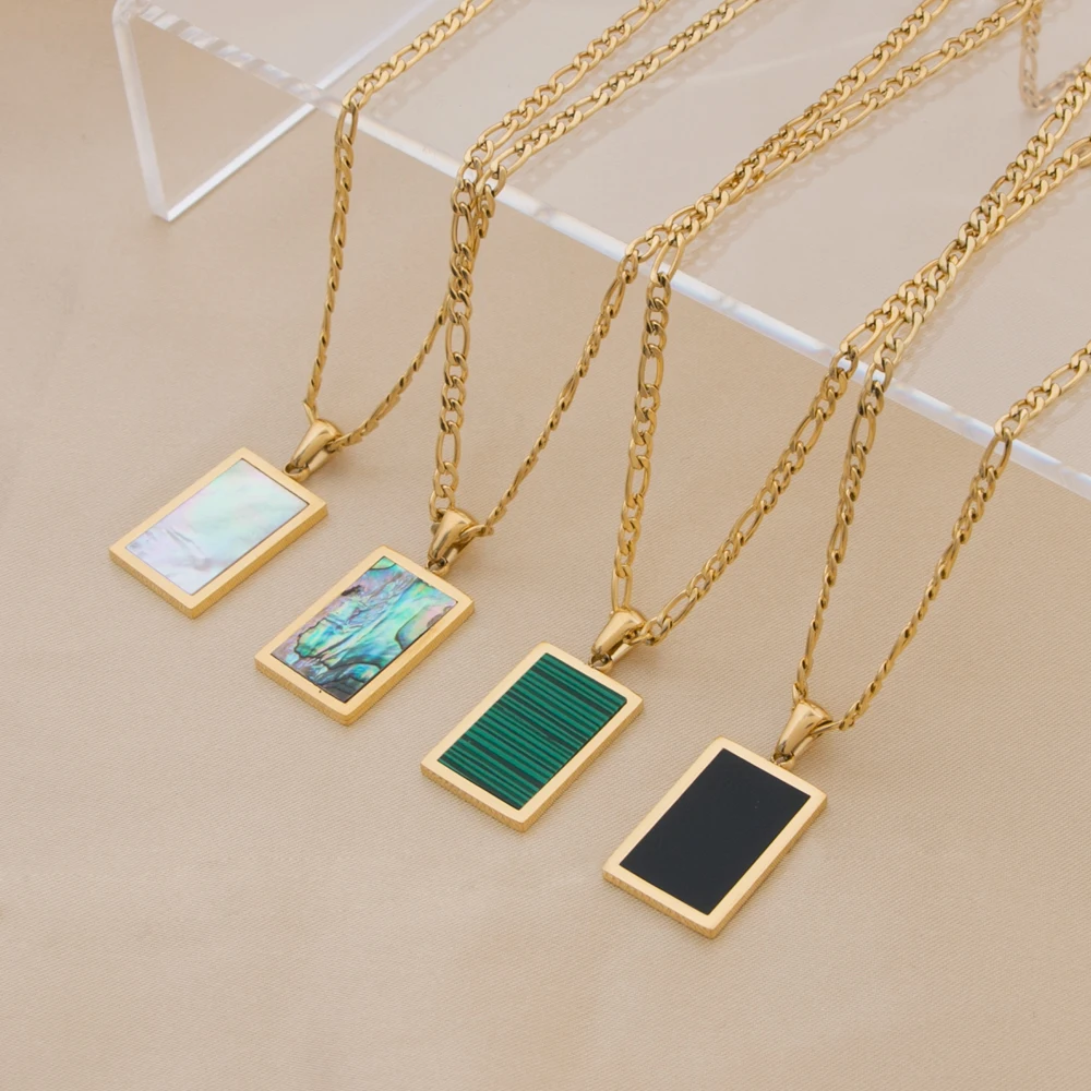 

New arrivals 316l stainless steel PVD gold plated figaro chain mosaic malachite shell rectangle pendant necklace