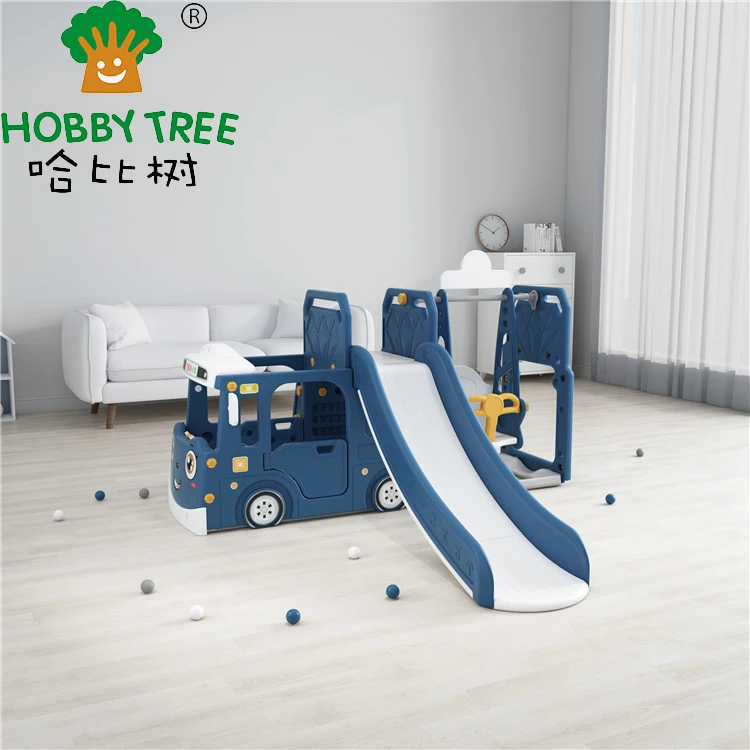 

Updated Hobby Tree Bus Theme Indoor Plastic Kid Slide Swing Set, Blue/green