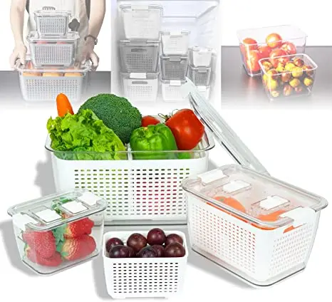 

Refrigerator Organizer Bins with Vented Lids & Removable Drain Tray & Divider3 Pack Fridge Produce Saver Container