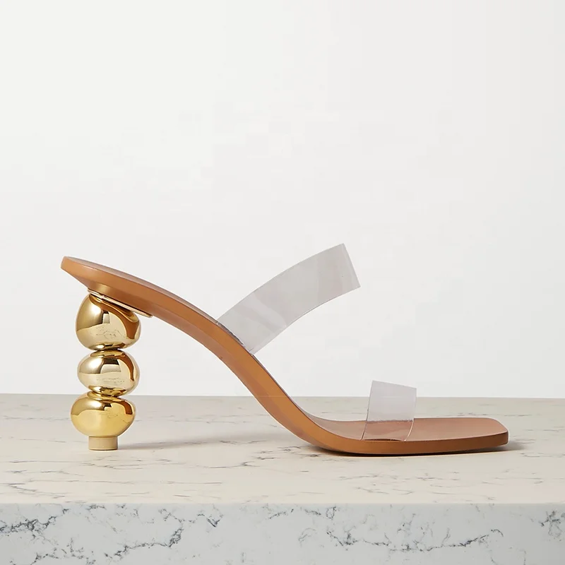 

Custom brand logo women shoes factory OEM stacked gold heels PVC lady shoe sandals