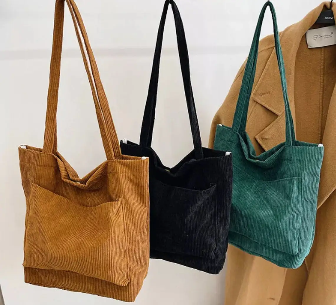 

Women Large Environmental Corduroy Tote Shopping Bag With Front Pocket