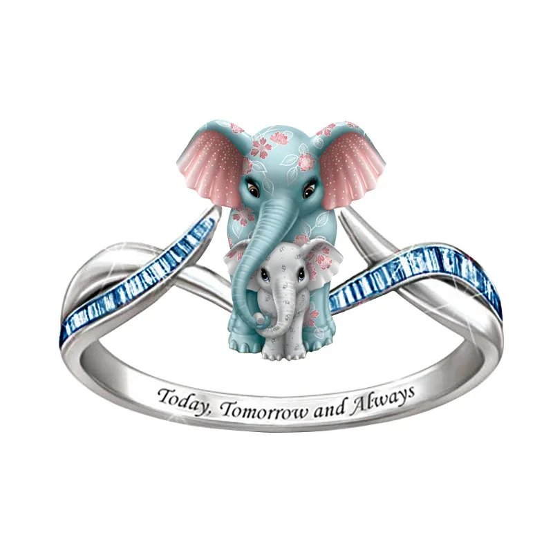 

Ladies Romantic Jewelry Geometric Diamond Ring Two Elephants Animal Ring Cute Silver Elephant Ring for Women Valentine's Gift, Picture shew