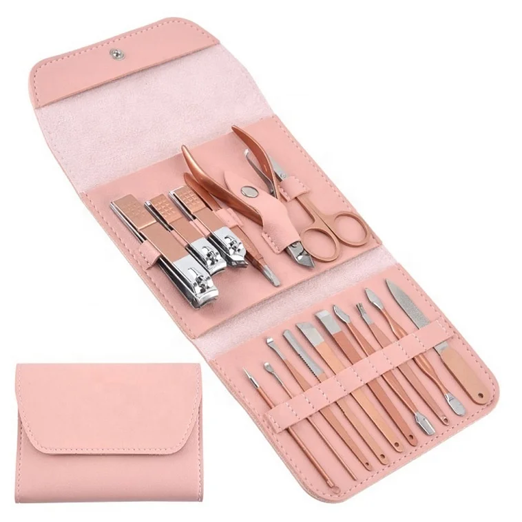 

16 piece Rose Gold Professional Pedicure Manicure Set Stainless Steel Nail Tool Kit 16Pcs Pink Nail Clippers Set PU Bag, According to options