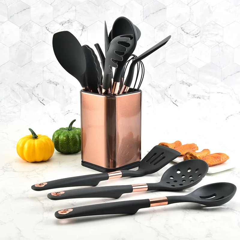 

Non-Stick Silicone Kitchen Set 13 pieces Cooking Shovel Spoon Set Kitchen Utensils Storage Bucket, Black rose gold