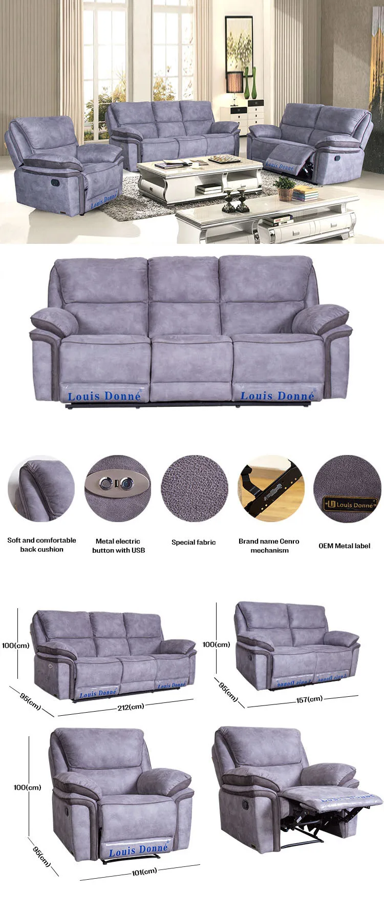 Indonesia Best Quality Fabric Recliner Sofa Set Modern With Coffee Cup