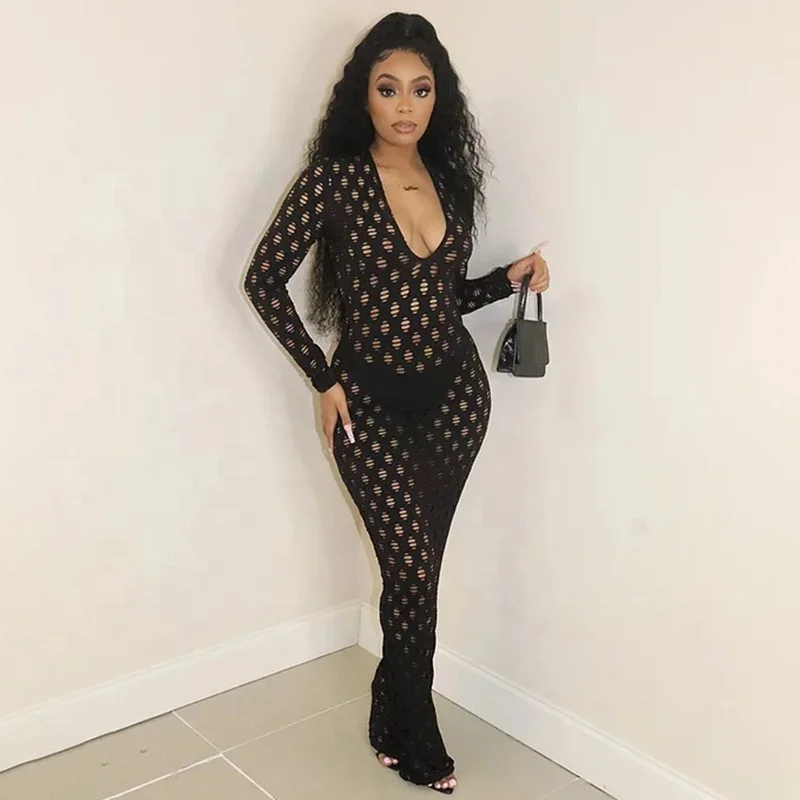 

Spring Hollow Out Party Wear Women Bodycon Maxi Black Dresses