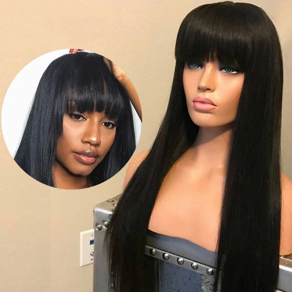 

150% Density Lace Front Human Hair Wigs With Bangs For Black Women Brazilian Remy Straight Hair Lace Front Wig Bang Human Hair