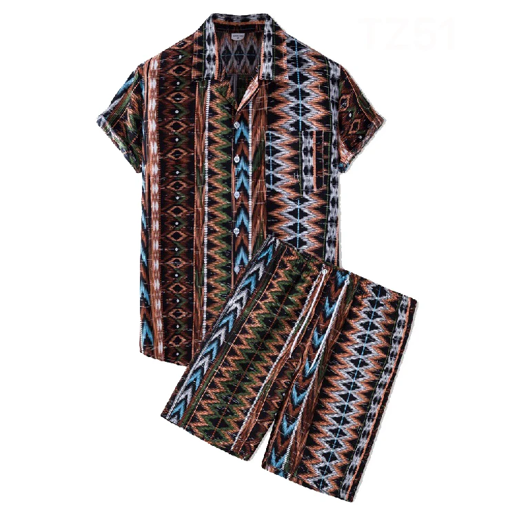 

Summer New Men's Hawaiian Beach Vacation Printed Boho Shorts Shirt Blouse Short Printed 2 Piece Suit Sets, Picture