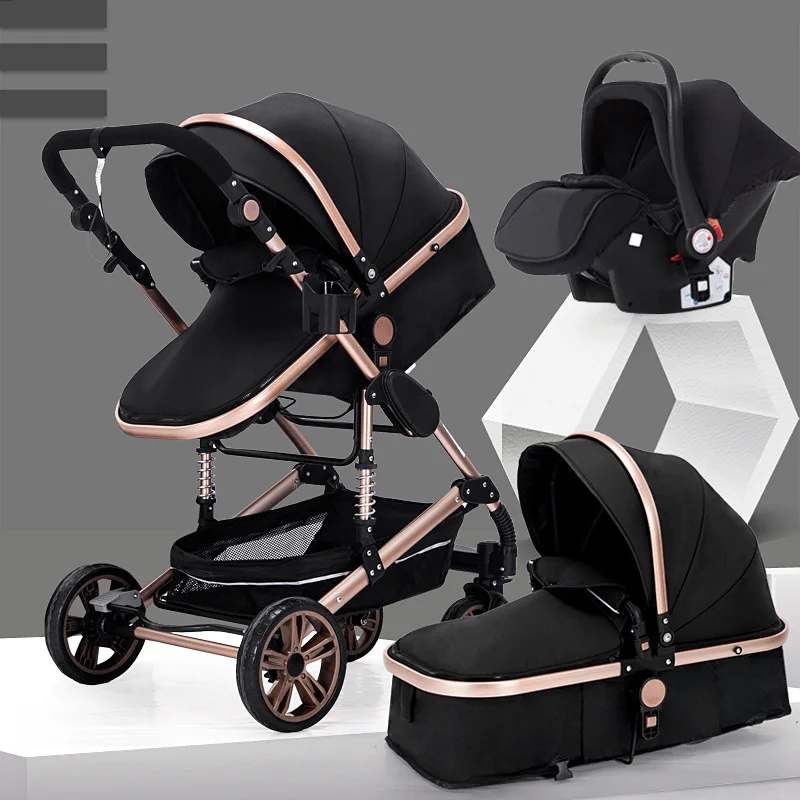 

Bukrein Fast Shipping Door To Door Luxury Baby Stroller 3 in 1 Folding bi-directional high stroller baby pram, Black