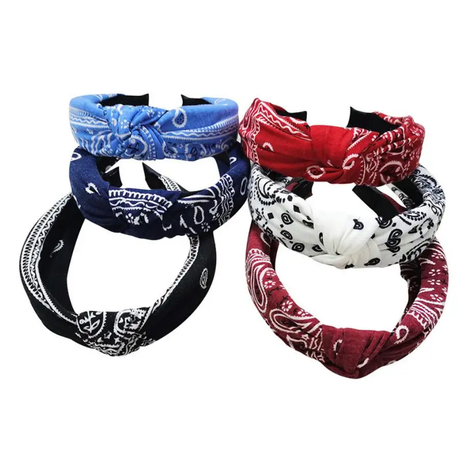 

Women Vintage High Quality Knot Headband Cloth Woven Fabrics Hairbands Cross Twisted Printing Wide-brimmed Hair Accessories, Picture shows